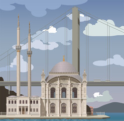 Fototapeta premium Istanbul, Ortakor Mosque, Big Mosque of Mejidiye. Vector.