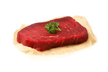Tasty raw steak isolated on white background