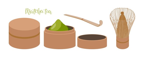 Matcha Tea. Closed and Open Bamboo Matcha Canisters full Powdered Matcha Green Tea, spoon, Matcha Brush for making traditional Japanese drink. Flat vector illustration for tea shops, tea recipe. 
