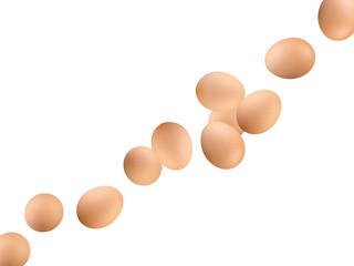 Eggs lined up flying in space isolated on white background. Excellent retouching quality. Diet concept.