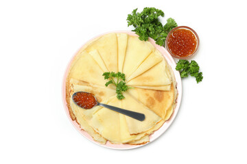 Concept of tasty food with crepes isolated on white background