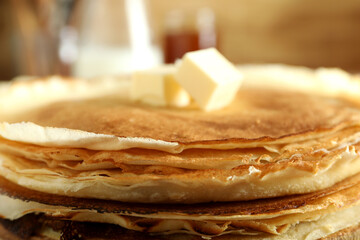 Concept of tasty food with crepes, close up