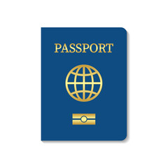 Leather passport cover with chip. Blue cover of passport citizen. Template of biometric international document. Golden globe. Icon for travel, citizenship and immigration. Vector