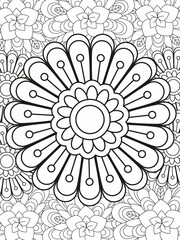 Doodle floral pattern in black and white. A page for coloring book: very interesting and relaxing job for children and adults. Zentangle drawing. Flower carpet in a magic garden