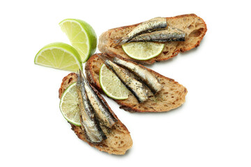 Sandwiches with sprats isolated on white background