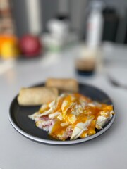 homemade fried egg with cheese in a plate