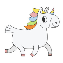 Cute cartoon unicorn jogging. A funny white unicorn with a multicolored mane looking at the camera. Magic unicorn running. Vector clip art illustration in 2D. Hand-drawn simple style.