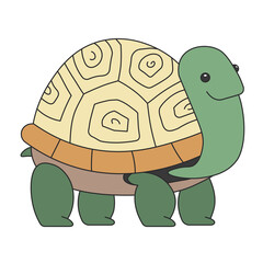 Cute cartoon turtle standing and looking at camera. A funny green turtle smiling and looking by a loving look. Vector clip art illustration in 2D. Hand-drawn simple style.