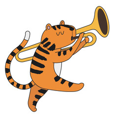Cute cartoon tiger going aside and playing trombone. A funny orange tiger closed its eyes and enjoys the music. Vector clip art illustration in 2D. Hand-drawn simple style.