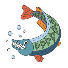 Cute cartoon pike swimming in the water. A funny green fish looking at the camera, smiling and showing its sharp teeth. Vector clip art illustration in 2D. Hand-drawn simple style.