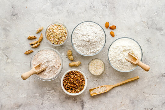 Gluten free flour for baking - nuts and grains flour in many bowls