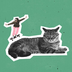 Contemporary art collage, modern design. Retro style. Minimalism. Huge domestic cat and tiny girl on skateboard. Surrealism