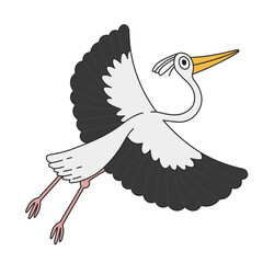 Cute cartoon heron flying. A funny heron widely spreading its wings. Vector clip art illustration in 2D. Hand-drawn simple style.