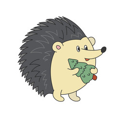 Cute cartoon hedgehog standing and carrying a fir tree. A funny hedgehog looking aside and want to give a gift. Vector clip art illustration in 2D. Hand-drawn simple style.
