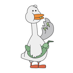 Cute cartoon goose standing and eating peas. A funny grey goose with full cheeks looking aside like it waiting for the show. Vector clip art illustration in 2D. Hand-drawn simple style.