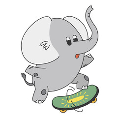 Cute cartoon elephant skateboarding. A funny grey elephant doing tricks on the skateboard. Vector clip art illustration in 2D. Hand-drawn simple style.