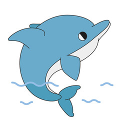 Cute cartoon dolphin swimming in the water. A funny blue dolphin looking aside curiously. Vector clip art illustration in 2D. Hand-drawn simple style.