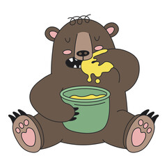 Cute cartoon bear eating honey with closed eyes. A funny brown bear has a lunch. Vector clip art illustration in 2D. Hand-drawn simple style.