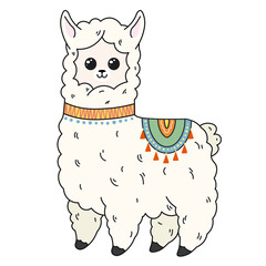 Cute cartoon alpaca standing and looking at camera. A funny white alpaca smiling and looking by a loving look. Vector clip art illustration in 2D. Hand-drawn simple style.