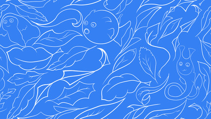 Baby illustration in line art style on blue background. Seamless pattern . Fabulous underwater world with fish and corals. Minimal poster. Modern minimal design. Kid graphic. 