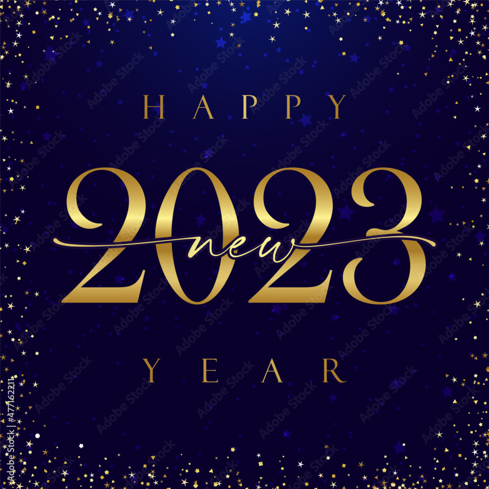 Fototapete merry christmas and a happy new year 2023 square golden congrats. decorative text. shiny snowy bg. a