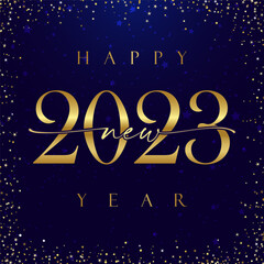 Fototapeta na wymiar Merry Christmas and A Happy New Year 2023 square golden congrats. Decorative text. Shiny snowy bg. Abstract isolated graphic design template. 20 23 digits with gold gradient. Beautiful creative idea.