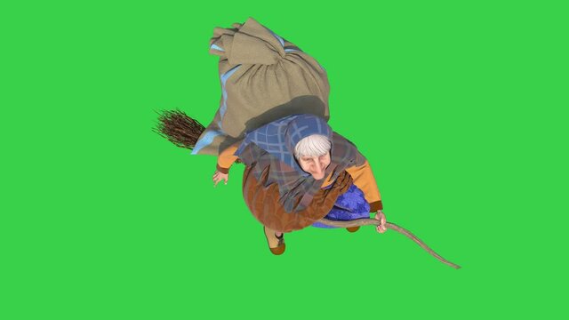 Befana Green Screen Old Lady on the Broom Epifania Perchta Frigg Bertha Berchta 3D Animation 4K