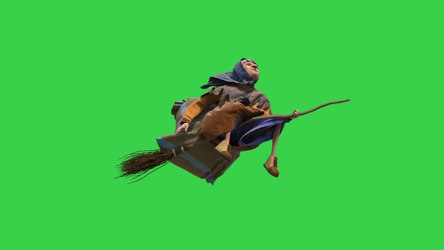 Befana Green Screen Old Lady on the Broom Epifania Perchta Holda Bertha Berchta 3D Animation 4K