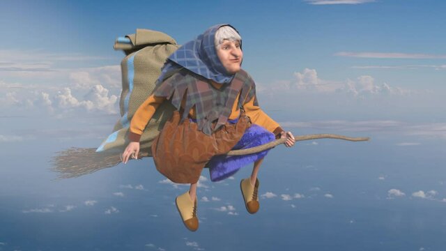 Befana Sky Old Lady on the Broom Epifania Perchta Frigg Holda Bertha Berchta 3D Animation 4K