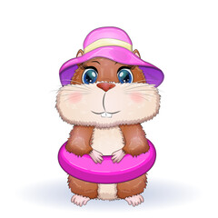 Cute hamster in swimming circle and hat, summer concept, hamster cartoon characters, funny animal