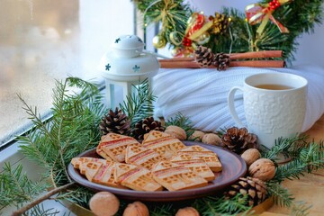 Christmas eve. Cookies in shape of houses and cup of tea