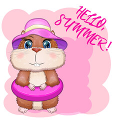 Cute hamster in swimming circle and hat, summer concept, hamster cartoon characters, funny animal