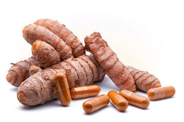 turmeric capsule, curcuma powder and tumeric rhizome,(Curcuma longa), isolated on white background. curcumina