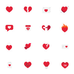 Set of 16 icons related to hearts and love and valentines day