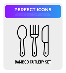 Bamboo cutlery set thin line icon. Zero waste. Modern vector illustration.