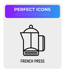 French press thin line icon. Zero waste. Modern vector illustration of kitchen utensil.