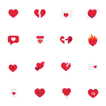 Set of 16 icons related to hearts and love and valentines day