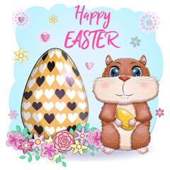 Cute hamster with easter egg, hamster cartoon characters, funny animal character, Easter concept