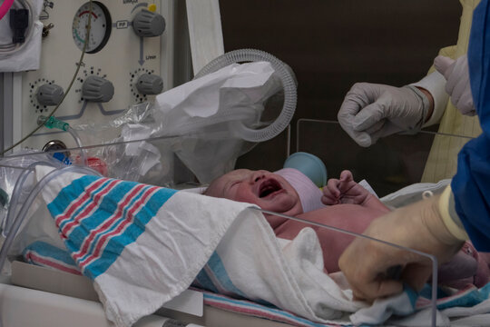 Doctors with crying newborn baby girl (0-1 months) in hospital