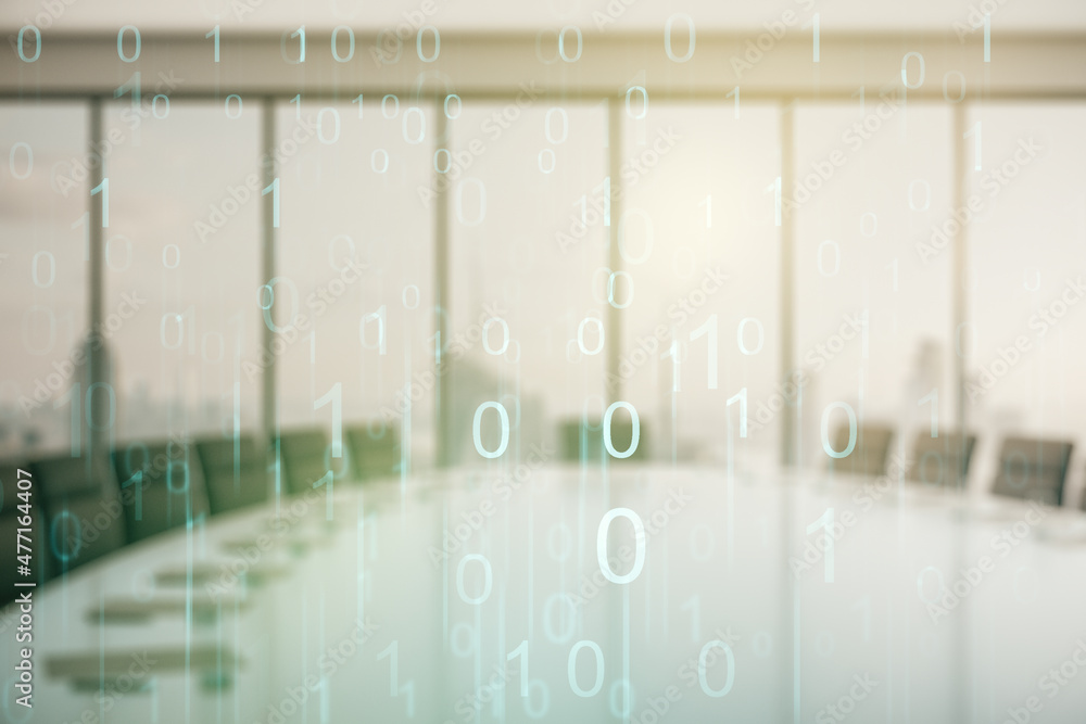 Poster abstract virtual binary code hologram on a modern coworking room background, ai and machine learning