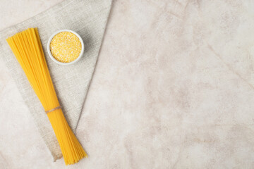Gluten free pasta on the table, top view. Corn flour pasta.