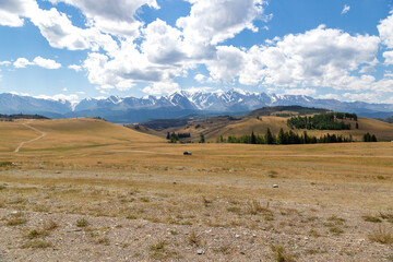 black car driving on dirt road in Kurai area with North Chuisky Ridge on background.
