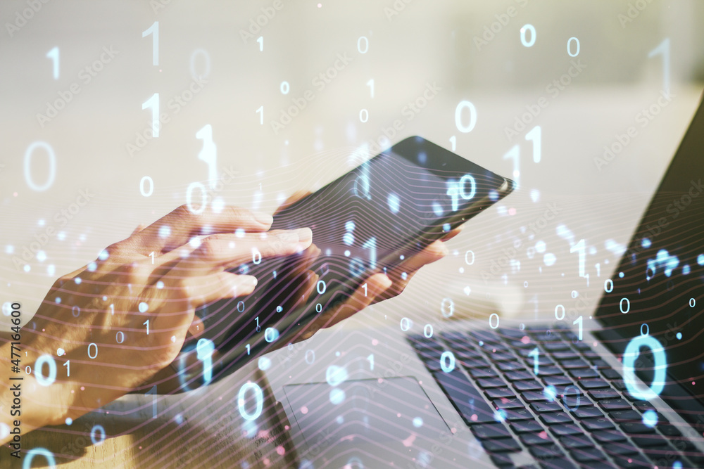 Leinwandbilder creative concept of binary code illustration and finger clicks on a digital tablet on background. bi