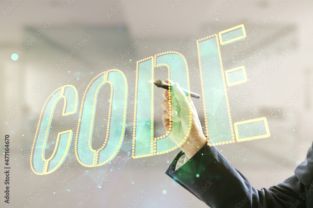Poster man hand with pen writes code word hologram on blurred office background, artificial intelligence an