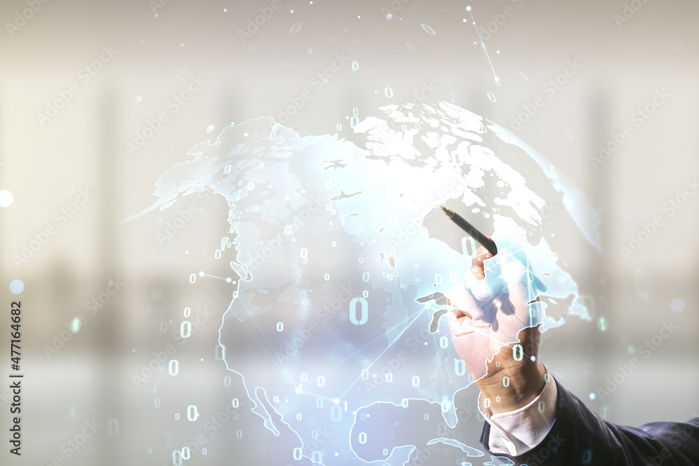 Poster double exposure of male hand with pen working with abstract programming language and world map on bl