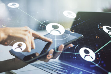 Double exposure of social network icons concept with finger clicks on a digital tablet on background. Marketing and promotion concept