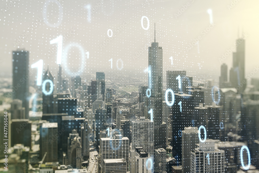Leinwandbilder Abstract virtual binary code sketch on Chicago office buildings background, hacking and matrix concept. Multiexposure