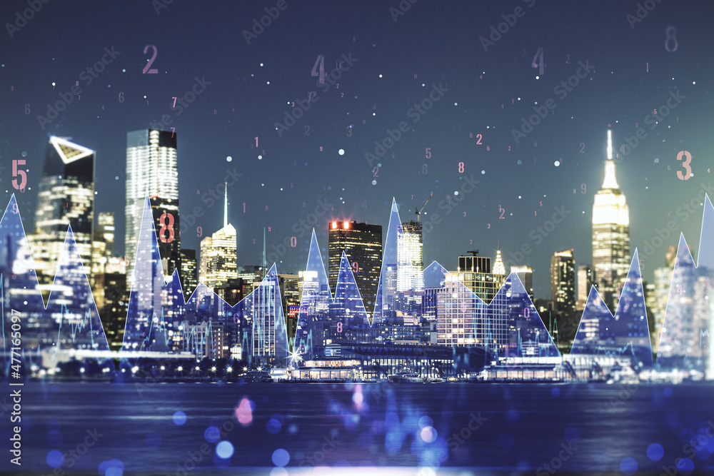 Poster multi exposure of abstract virtual graphic data spreadsheet sketch on manhattan cityscape background