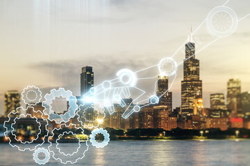 Abstract virtual robotics technology hologram on Chicago skyline background. Robot development and automation concept. Multiexposure