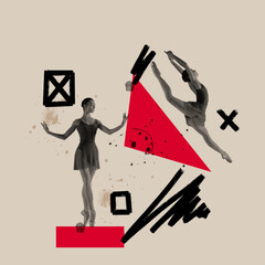 Contemporary art collage. Creative design. Young tender ballerina training, dancing isolated over...